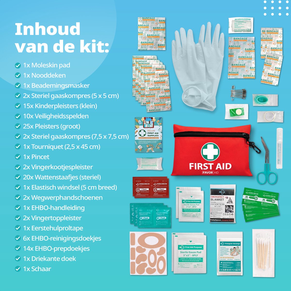FavorAid 110-delige EHBO kit - ehbo koffer - verbanddoos - verband - noodpakket - ehbo voor Thuis, Auto en Reis - First aid kit met pleisters - verbandtrommel – foto 3
