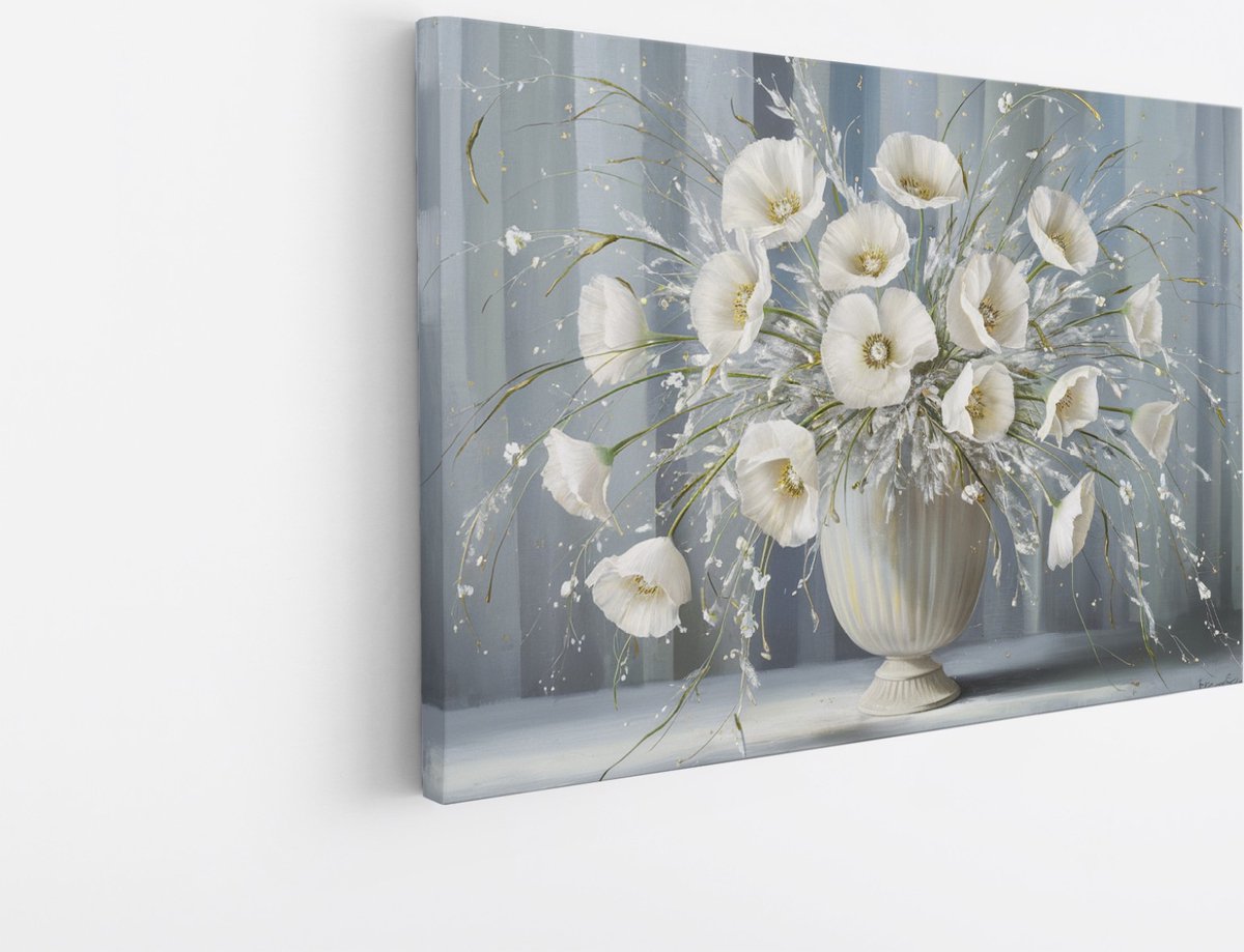 Saammp Canvas Schilderij - Witte Bloemen in Vaas - Natuur - Abstract - 60x40 - Foto op canvas - Wanddecoratie - Muurdecoratie Woonkamer - Kantoor Decoratie Multicolor