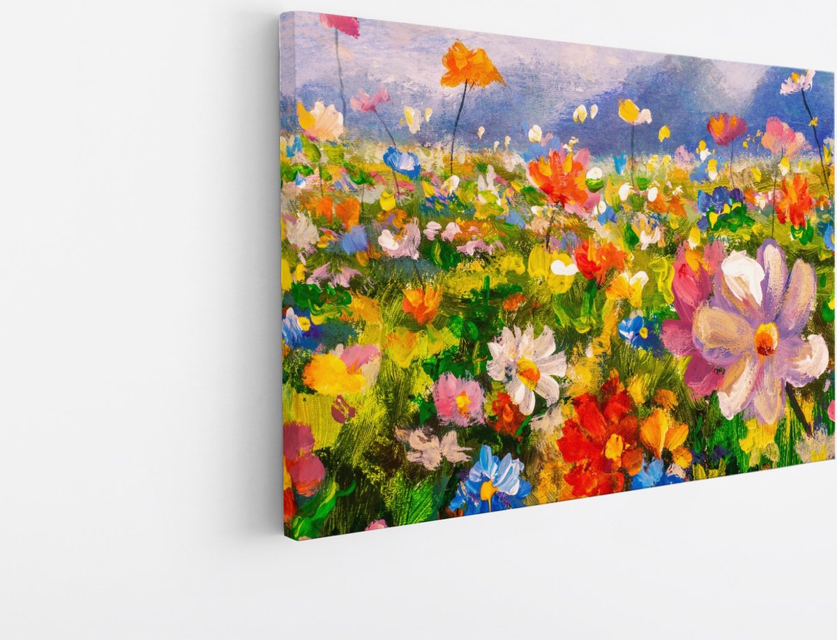 Saammp Canvas Schilderij - Bloemenweide Kleurrijk - Natuur - Abstract - 60x40 - Foto op canvas - Wanddecoratie - Muurdecoratie Woonkamer - Kantoor Decoratie Multicolor