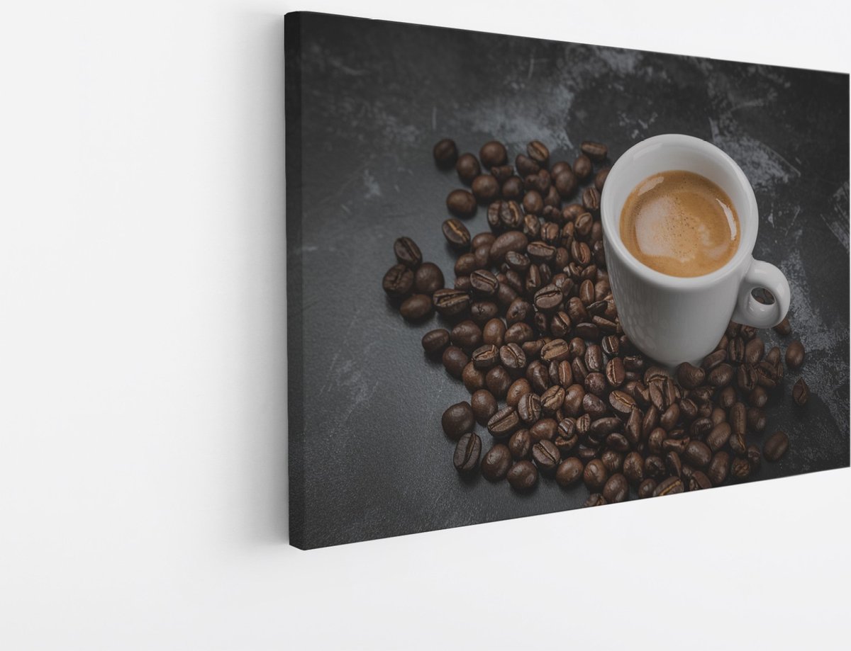 Saammp Canvas Schilderij - Kopje Koffie - Bonen - 45x30 - Foto op canvas - Wanddecoratie - Muurdecoratie keuken - Slaapkamer decoratie - Canvas Print Multicolor