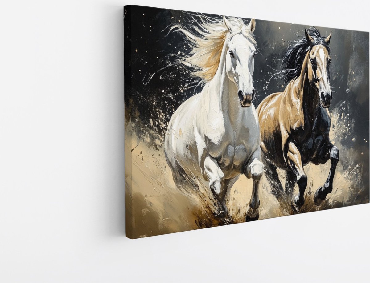 Saammp Canvas Schilderij - 2 Paarden - Abstract - Dieren - Natuur - 45x30 - Foto op canvas - Wanddecoratie - muurdecoratie Woonkamer - Slaapkamer decoratie - Canvas Print Multicolor