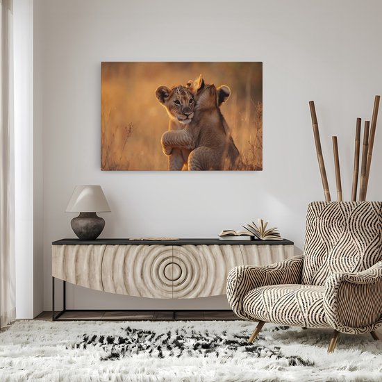 Saammp Canvas Schilderij - Leeuwenwelpen - Dieren - Natuur - 50x40 - Foto op canvas - Wanddecoratie - Muurdecoratie Woonkamer - Slaapkamer decoratie - Canvas Print