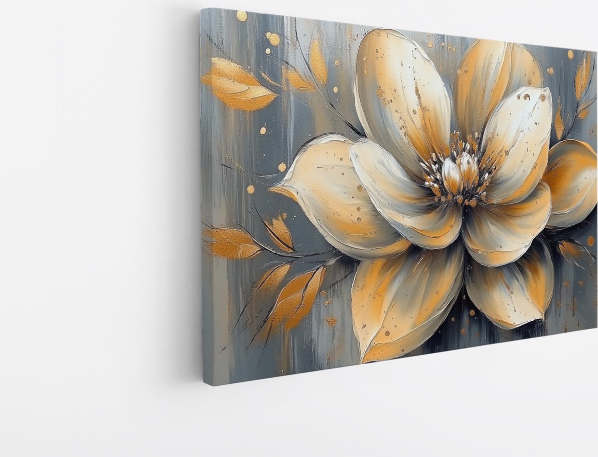 Saammp Canvas Schilderij - Goud - Abstract - Bloemen - 90x60 - Foto op canvas - Wanddecoratie - Muurdecoratie Woonkamer - Kantoor Decoratie Multicolor