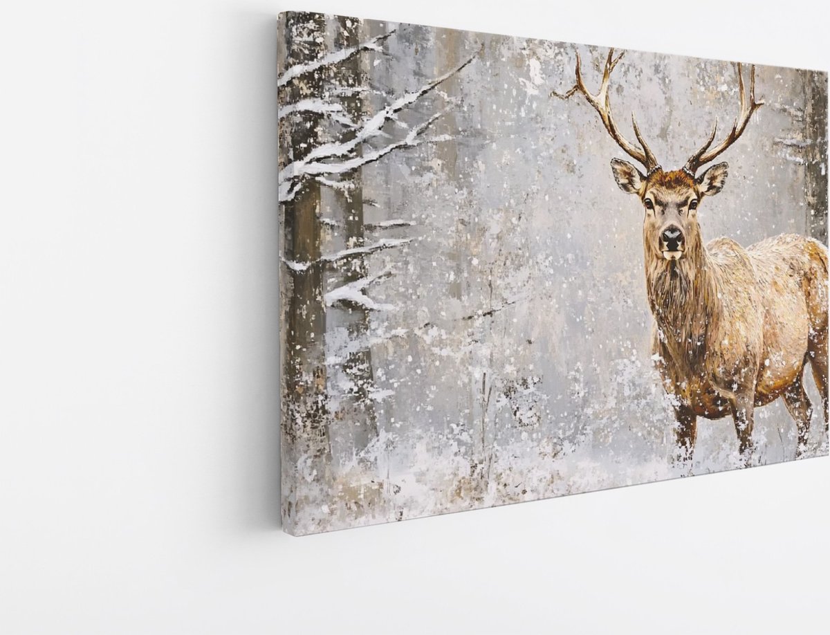 Saammp Canvas Schilderij - hert tussen de sneeuw - Natuur - Dieren - 150x100 - Foto op canvas - Wanddecoratie - Muurdecoratie Woonkamer - Slaapkamer decoratie - Canvas Print Multicolor