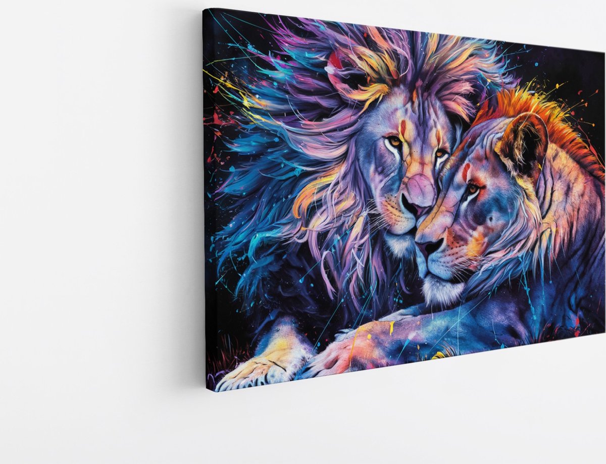 Saammp Canvas Schilderij - Kleurrijk Abstracte Leeuwen koppel - Dieren - Natuur - 150x100 - Foto op canvas - Wanddecoratie - Muurdecoratie Woonkamer - Slaapkamer decoratie - Canvas Print Multicolor