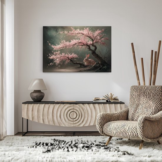 Saammp Canvas Schilderij - Haas bij roze boom - Landschap - Natuur - 150x100 - Foto op canvas - Wanddecoratie - Muurdecoratie Woonkamer - Slaapkamer decoratie - Canvas Print