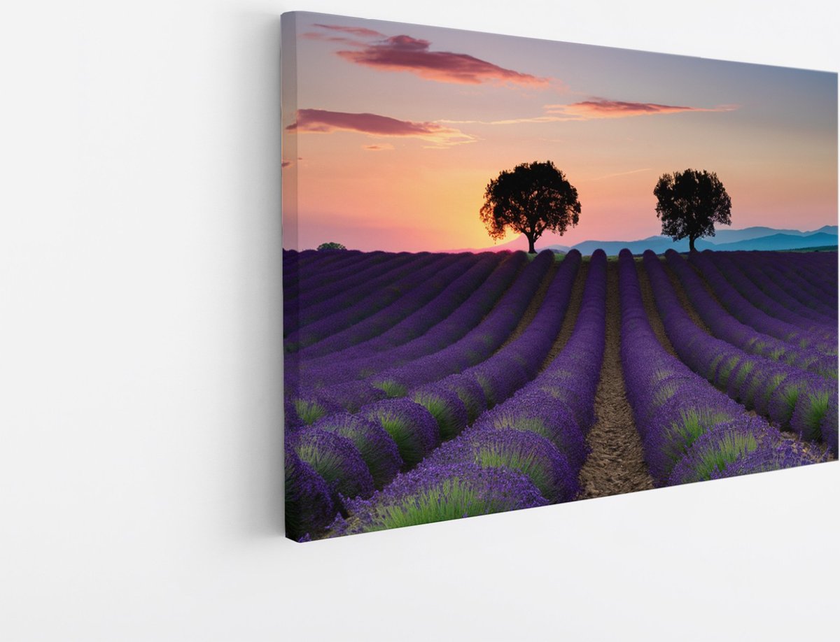 Saammp Canvas Schilderij - Kleurrijk Lavendelveld met bomen - Natuur - Landschap - 150x100 - Foto op canvas - Wanddecoratie - Muurdecoratie Woonkamer - Slaapkamer decoratie - Canvas Print Multicolor