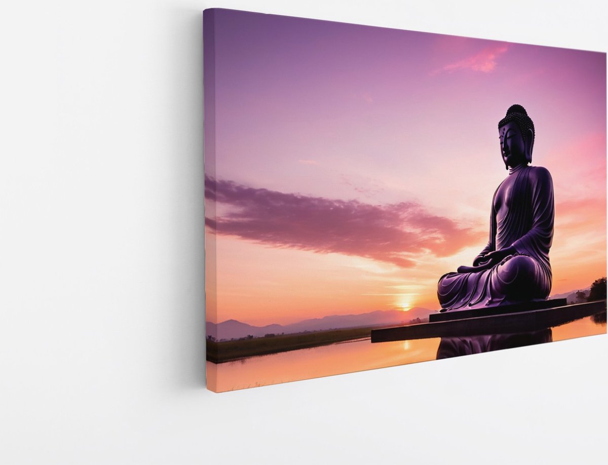 Saammp Canvas Schilderij - Boeddha bij Zonsondergang - Landschap - 45x30 - Foto op canvas - Wanddecoratie - Muurdecoratie Woonkamer - Canvas schilderijen Multicolor