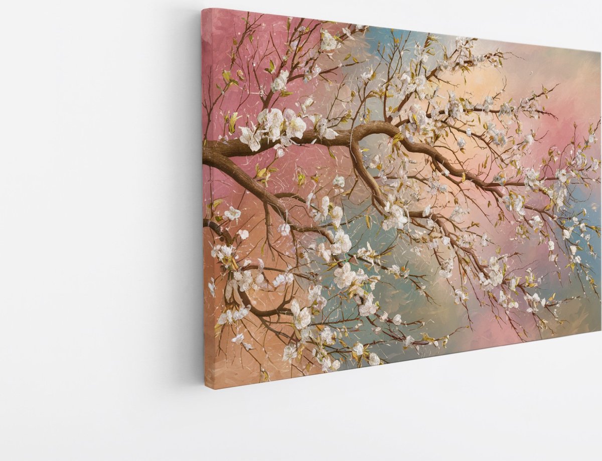 Saammp Canvas Schilderij - Tak met Bloeiende Bloesem - Natuur - Abstract - 45x30 - Foto op canvas - Wanddecoratie - Muurdecoratie Woonkamer - Kantoor Decoratie Multicolor