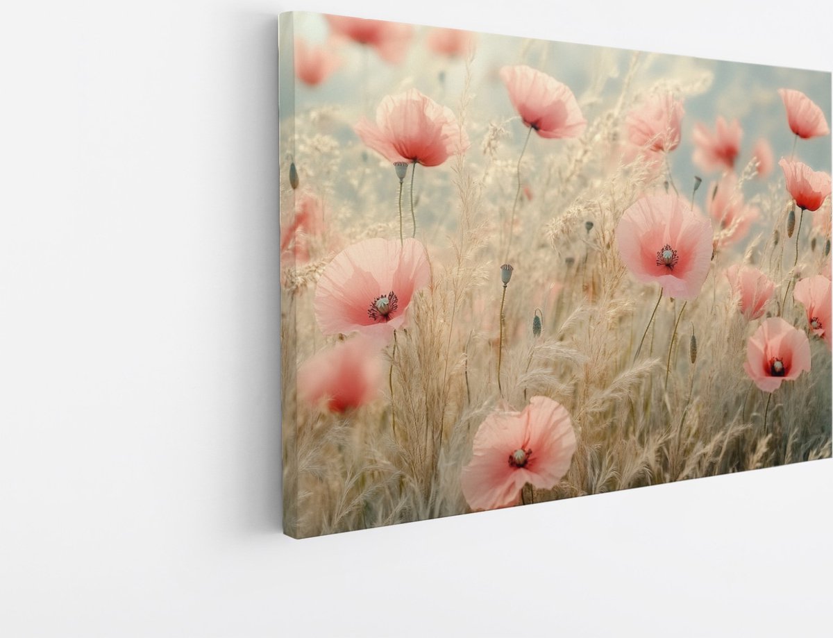 Saammp Canvas Schilderij - Veld met Zachte Klaprozen - Bloemen - Natuur - 50x40 - Foto op canvas - Wanddecoratie - Scandinavisch Design - Woondecoratie Multicolor