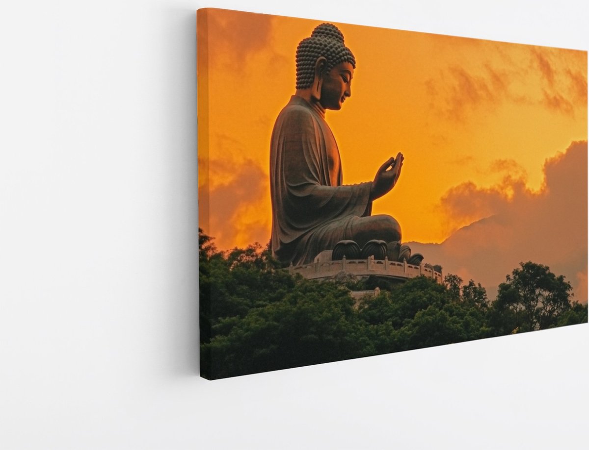 Saammp Canvas Schilderij - Boeddha op een berg met zonsondergang - 40x30 - Foto op canvas - Wanddecoratie - Muurdecoratie Woonkamer - Canvas schilderijen Multicolor