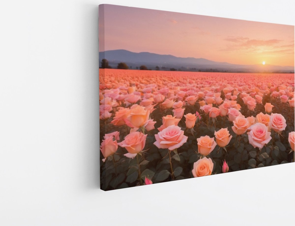 Saammp Canvas Schilderij - Landschap - Roze Bloemenveld - Natuur - 70x50 - Foto op canvas - Wanddecoratie - Muurdecoratie Woonkamer - Slaapkamer decoratie - Canvas Print Multicolor