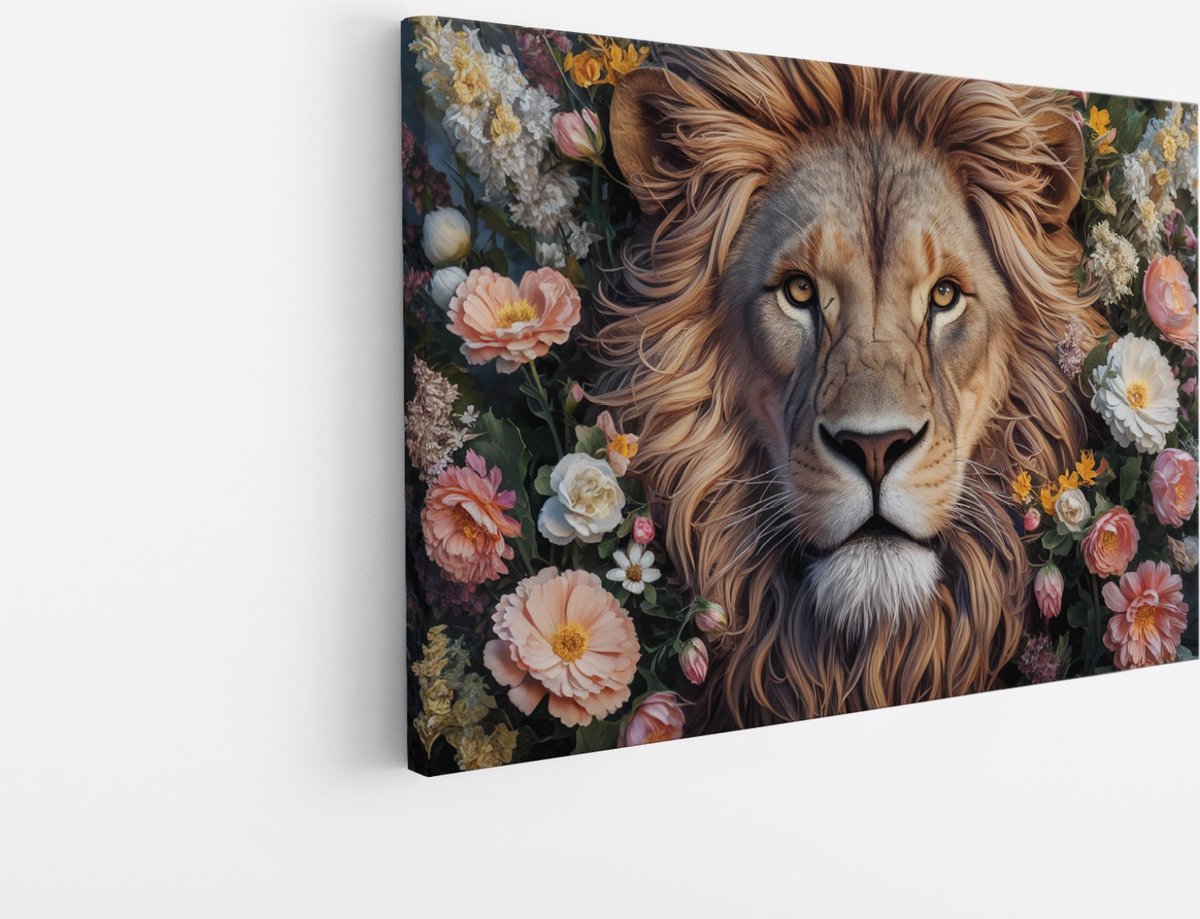 Saammp Canvas Schilderij - Abstracte Leeuw tussen de bloemen - Dieren - Natuur - 70x50 - Foto op canvas - Wanddecoratie - Muurdecoratie Woonkamer - Slaapkamer decoratie - Canvas Print Multicolor
