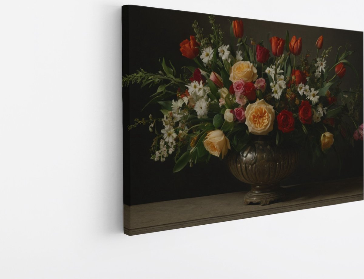 Saammp Canvas Schilderij - Bloemstuk met Rijke Kleuren in Donkere Setting - Natuur - Klassiek - 30x20 - Foto op canvas - Wanddecoratie - Muurdecoratie Woonkamer - Kantoor Decoratie Multicolor