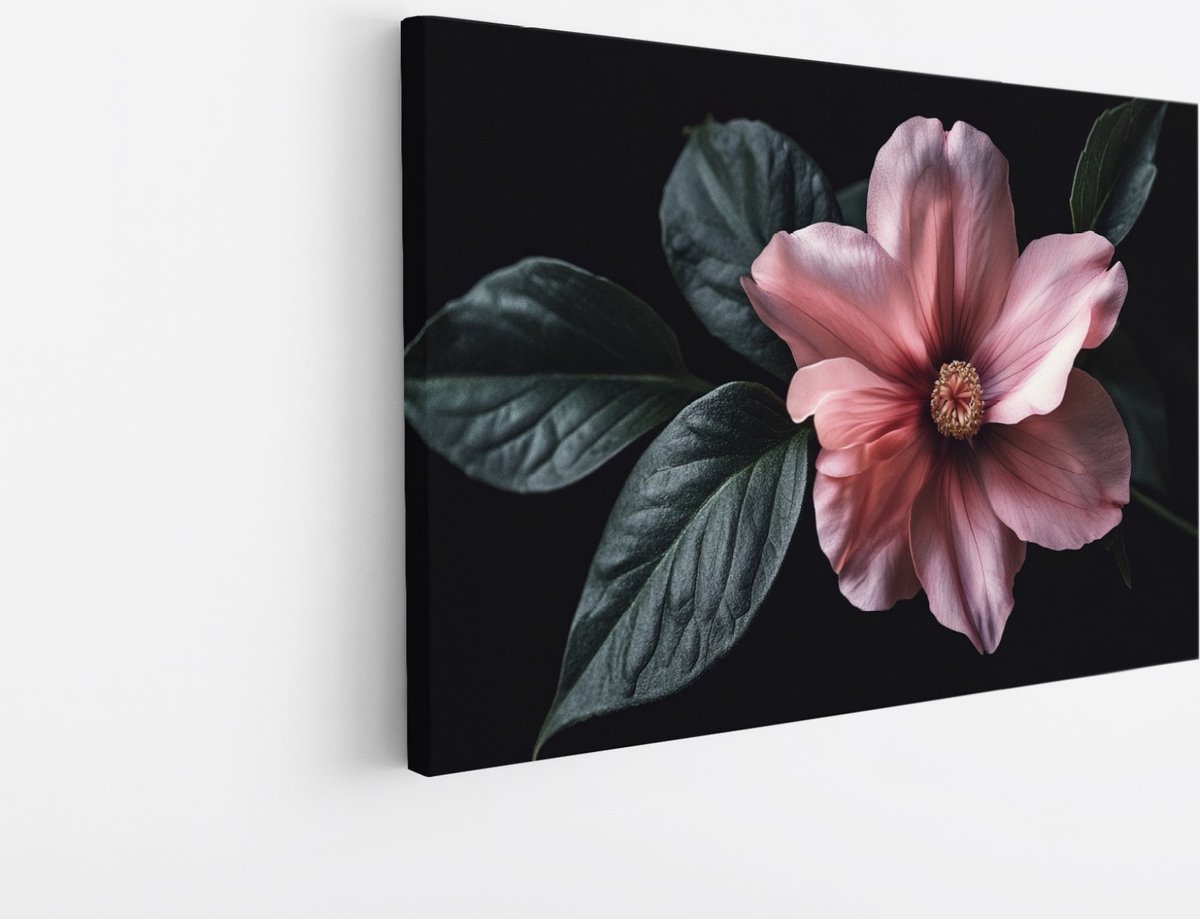 Saammp Canvas Schilderij - Roze Bloem op Zwarte Achtergrond - Natuur - Elegant Abstract - 30x20 - Foto op canvas - Wanddecoratie - Muurdecoratie Woonkamer - Kantoor Decoratie Multicolor