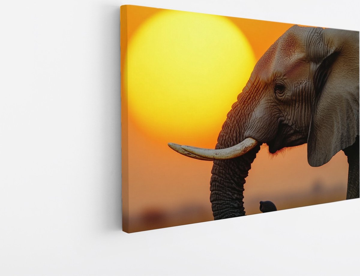 Saammp Canvas Schilderij - Olifant met grote zon - Afrika - Dieren - 60x40 - Foto op canvas - Wanddecoratie - muurdecoratie Woonkamer - Slaapkamer decoratie - Canvas Print Multicolor