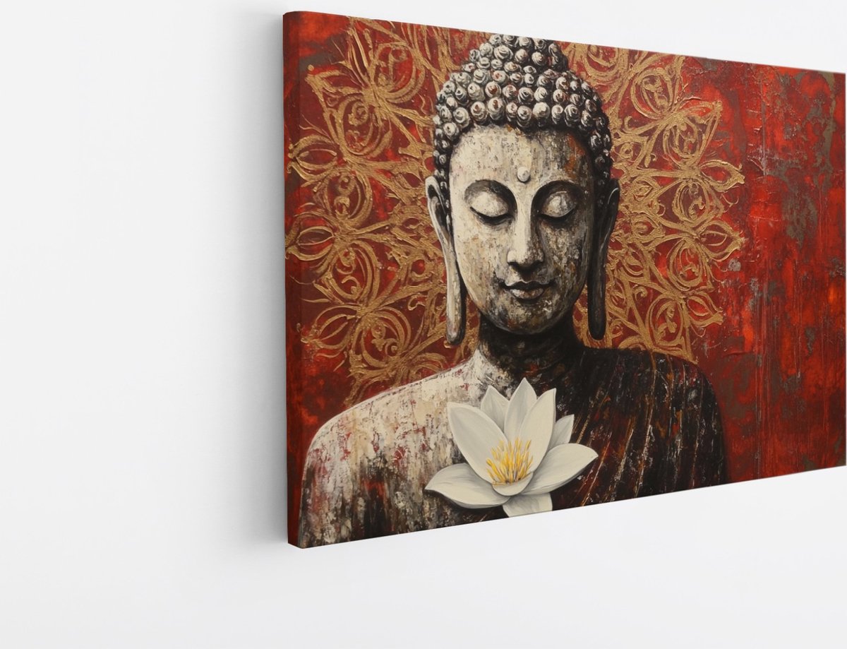 Saammp Canvas Schilderij - Boeddha met Lotusbloem - 60x40 - Foto op canvas - Wanddecoratie - Muurdecoratie Woonkamer - Canvas schilderijen Multicolor