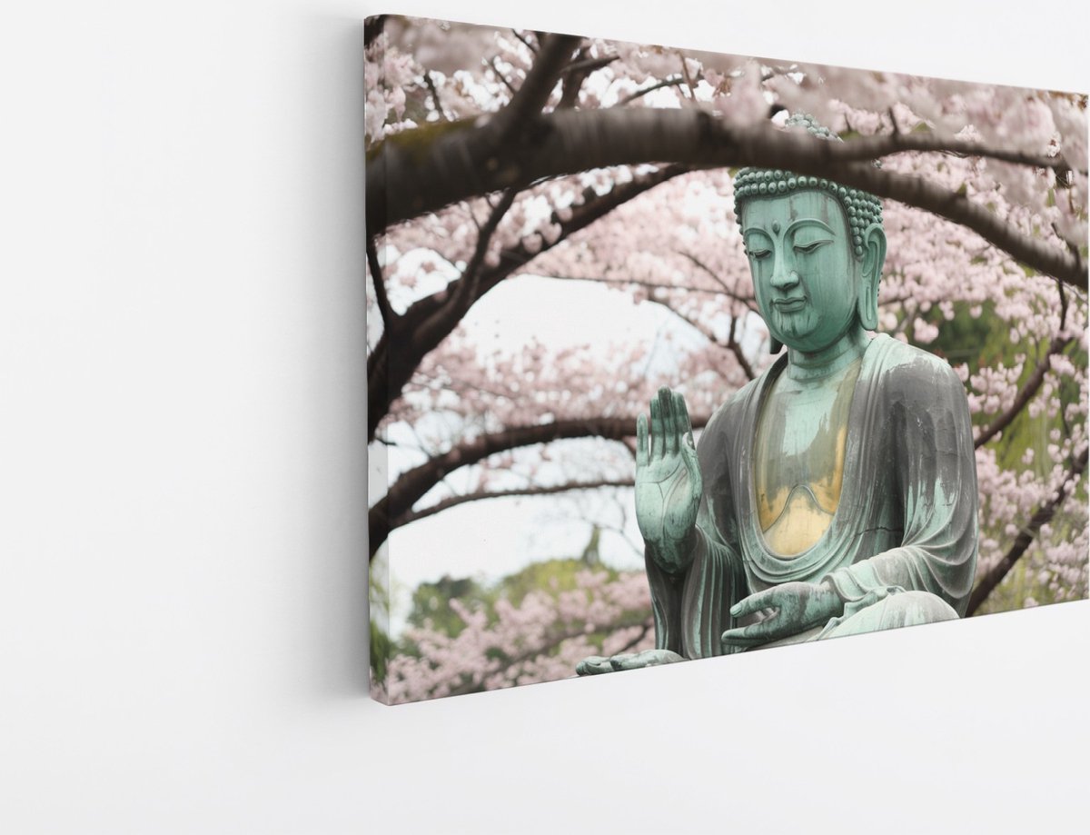 Saammp Canvas Schilderij - Boeddha naast roze bloesem - 60x40 - Foto op canvas - Wanddecoratie - Muurdecoratie Woonkamer - Canvas schilderijen Multicolor