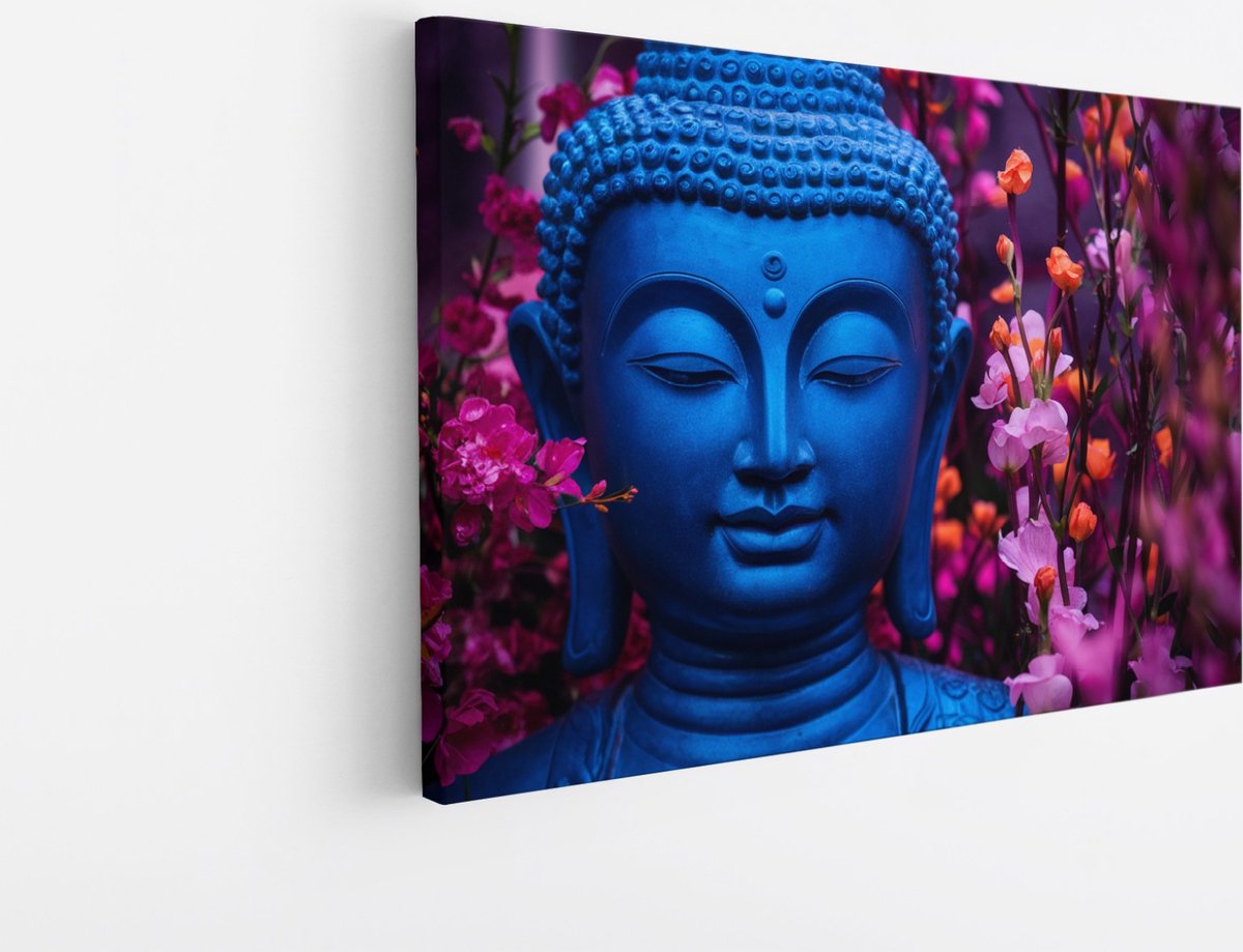 Saammp Canvas Schilderij - Boeddha bij roze bloemen - 60x40 - Foto op canvas - Wanddecoratie - Muurdecoratie Woonkamer - Canvas schilderijen Multicolor