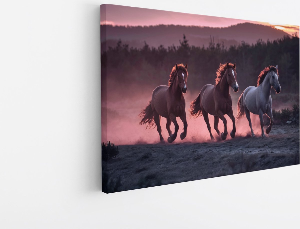 Saammp Canvas Schilderij - Paarden in zonsondergang - Natuur - Dieren - 150x100 - Foto op canvas - Wanddecoratie - Muurdecoratie Woonkamer - Slaapkamer decoratie - Canvas Print Multicolor