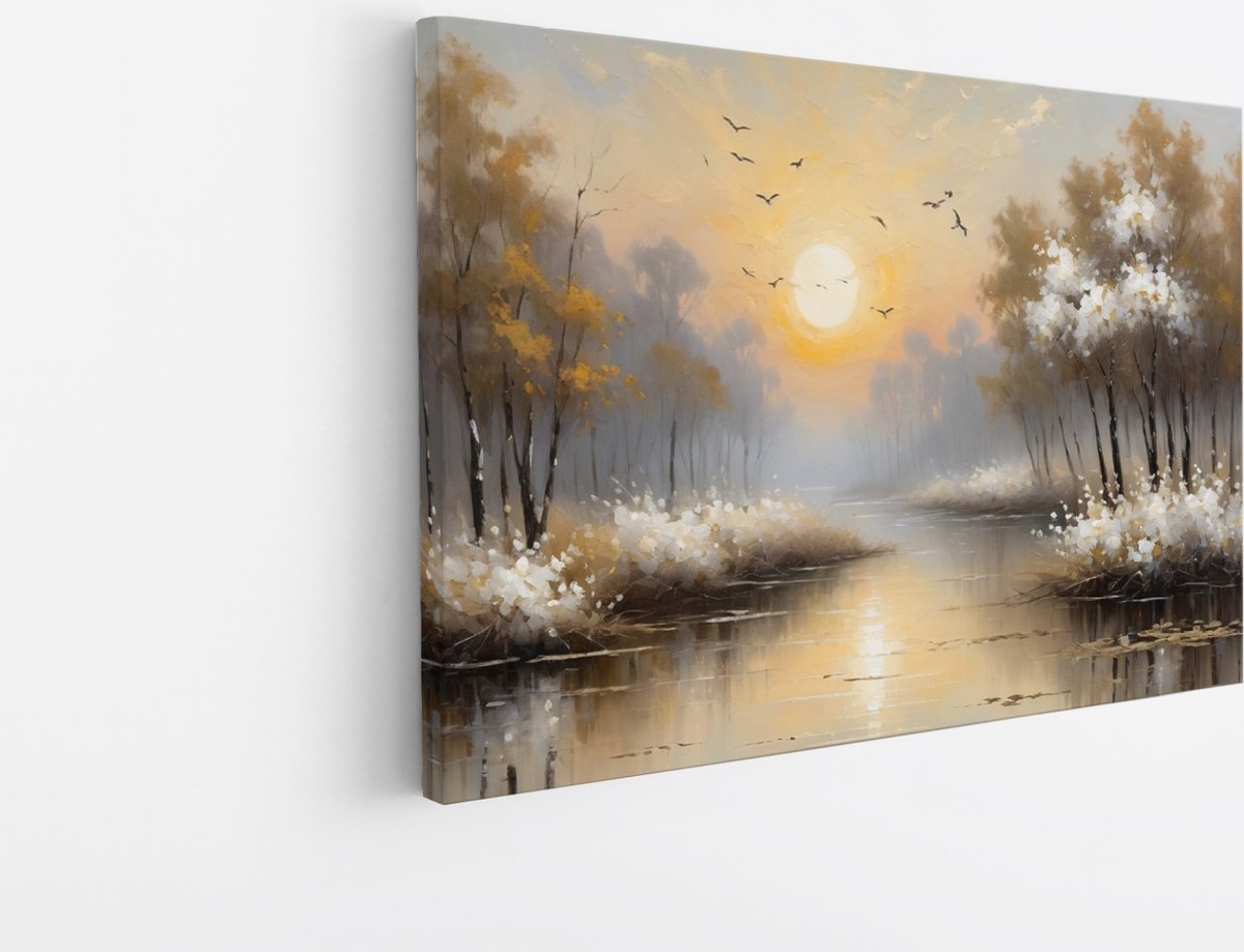 Saammp Canvas Schilderij - witte landschap met zon - Natuur - 30x20 - Foto op canvas - Wanddecoratie - Muurdecoratie Woonkamer - Slaapkamer decoratie - Canvas Print Multicolor