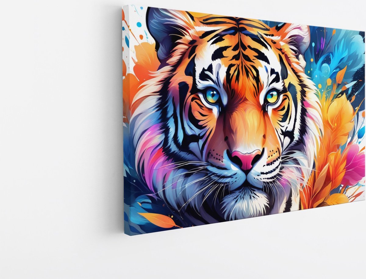 Saammp Canvas Schilderij - Tijger - Verfspetters - Dieren - Abstract - 100x75 - Foto op canvas - Wanddecoratie - muurdecoratie Woonkamer - Slaapkamer decoratie - Canvas Print Multicolor