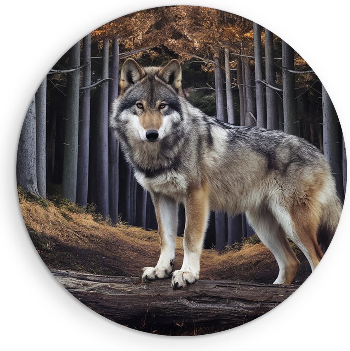 Saammp Muurcirkel Hout - Wolf in het bos - Dieren - Natuur - Ø 40 - Wandcirkel - Wanddecoratie Cirkel - muurdecoratie Woonkamer - Slaapkamer decoratie - Rond Schilderij