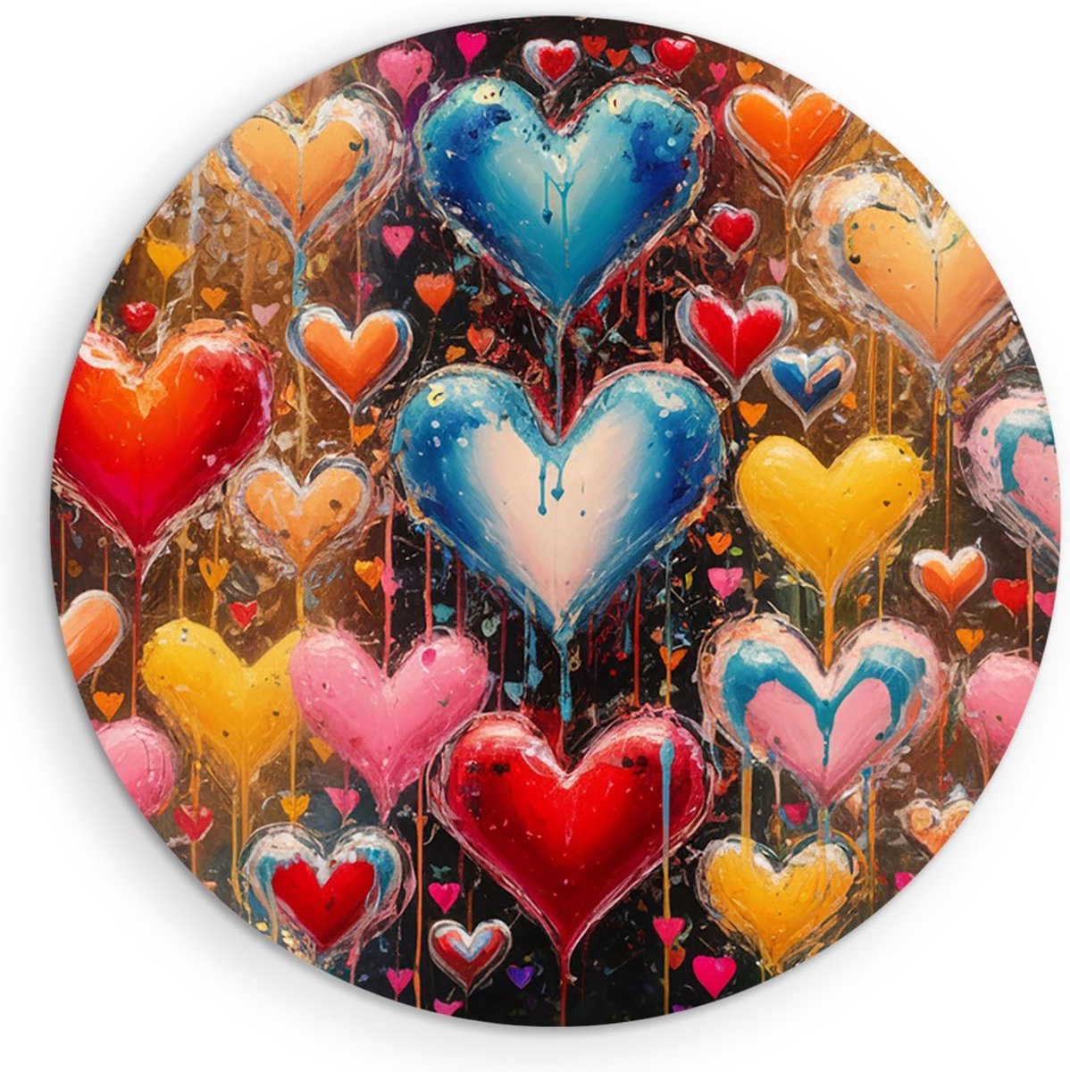 Saammp Muurcirkel Hout - Kleurrijke Hartjes - Abstract - Ø 50 - Wandcirkel - Wanddecoratie Cirkel - Muurdecoratie Woonkamer - Slaapkamer decoratie - Rond Schilderij