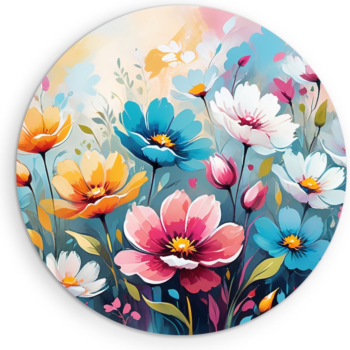 Saammp Forex Muurcirkel - Gekleurde bloemen in Abstracte stijl - Ø 70 - Wandcirkel - Wanddecoratie Cirkel - Muurdecoratie Woonkamer - Kantoor Decoratie