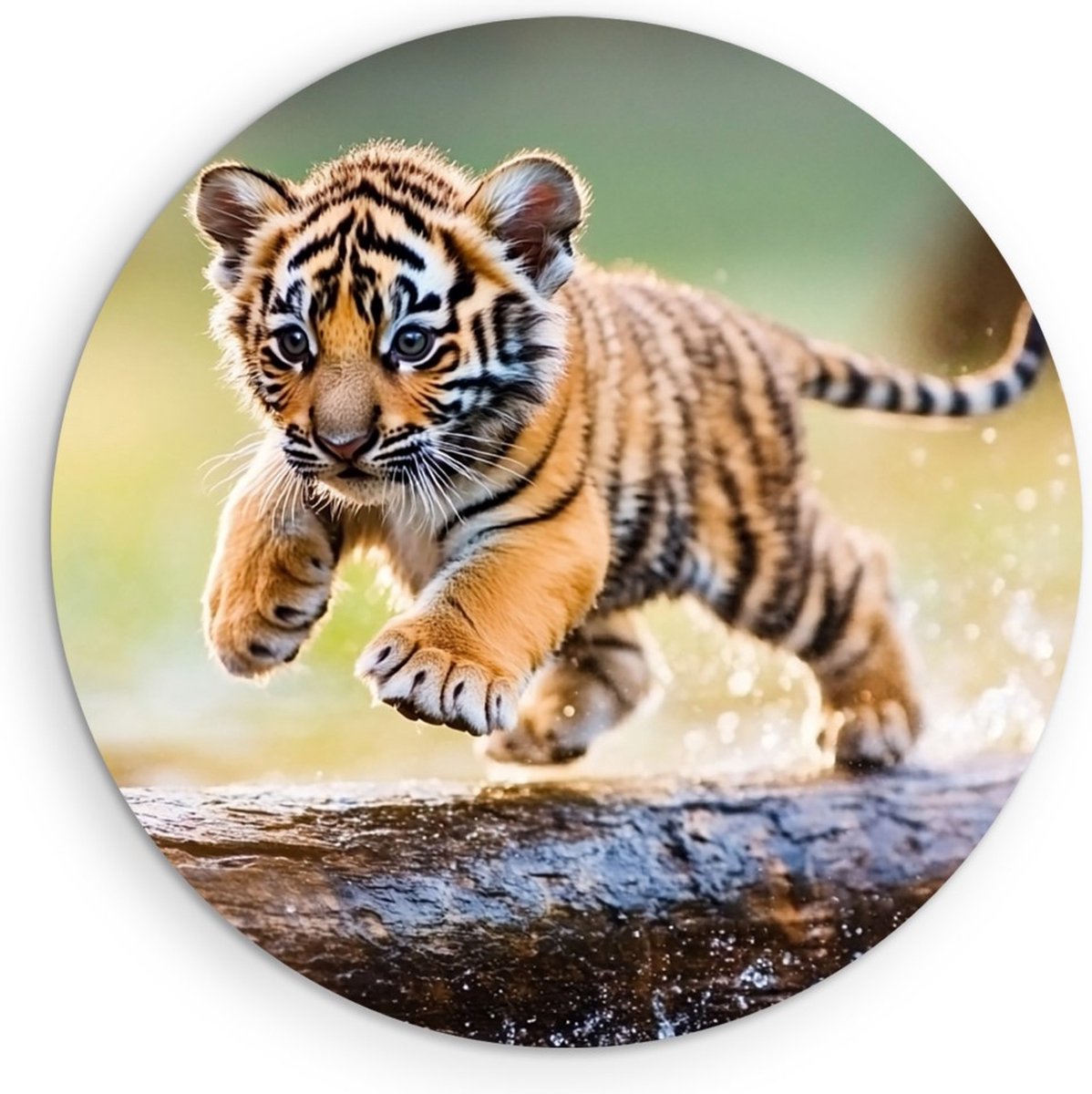 Saammp Forex Muurcirkel - Tijger welp op boom - Natuur - Dieren - Ø 90 - Wandcirkel - Wanddecoratie Cirkel - muurdecoratie Woonkamer - Slaapkamer decoratie - Rond Schilderij