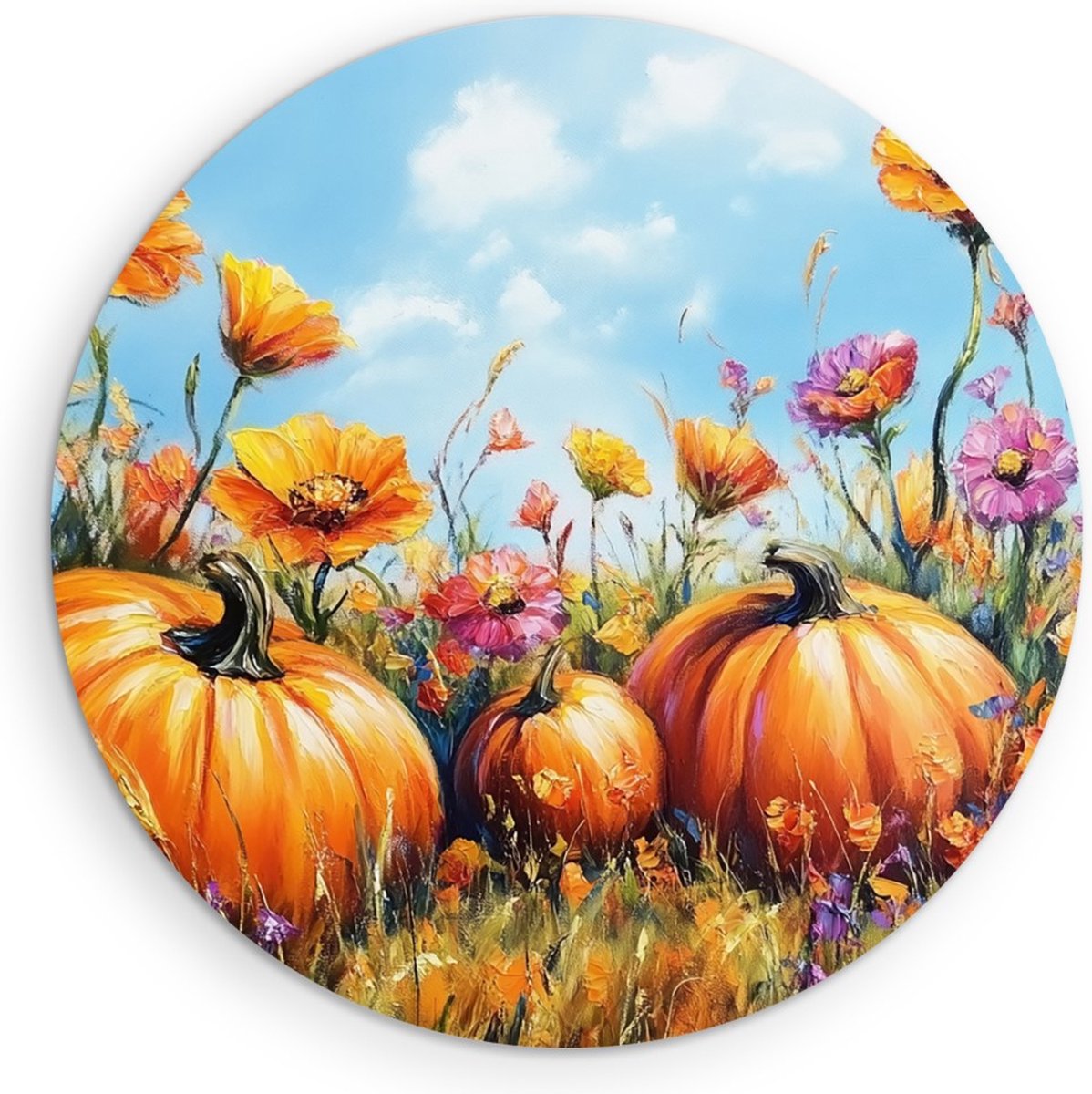 Saammp Muurcirkel Hout - Pompoenen en Bloemen in de Herfstzon - Kleurrijk - Natuur - Ø 70 - Wandcirkel - Wanddecoratie Cirkel - Muurdecoratie Woonkamer - Boho Stijl