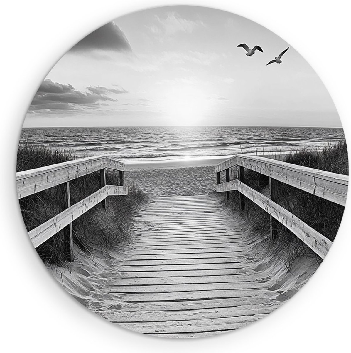 Saammp Forex Muurcirkel - Zwart-Wit - strand en zee - Duinen - Ø 60 - Wandcirkel - Wanddecoratie Cirkel - muurdecoratie Woonkamer - Slaapkamer decoratie - Rond Schilderij