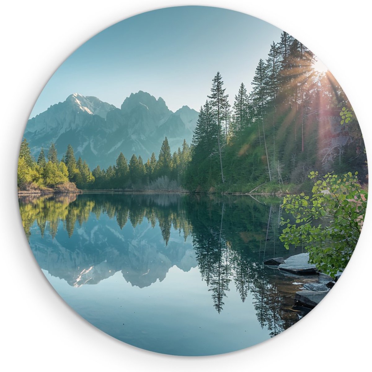 Saammp Muurcirkel Hout - Bergen - Zon - Meer - botanisch - Landschap - Natuur - Ø 70 - Wandcirkel - Wanddecoratie Cirkel - Muurdecoratie Woonkamer - Slaapkamer decoratie - Rond Schilderij