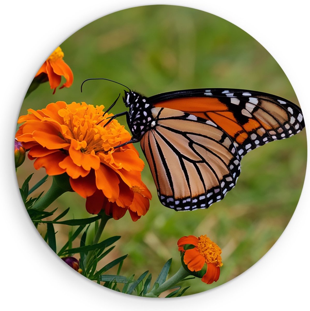 Saammp Forex Muurcirkel - Vlinder - Oranje Bloemen - Dieren - Natuur - Ø 40 - Wandcirkel - Wanddecoratie Cirkel - muurdecoratie Woonkamer - Slaapkamer decoratie - Rond Schilderij