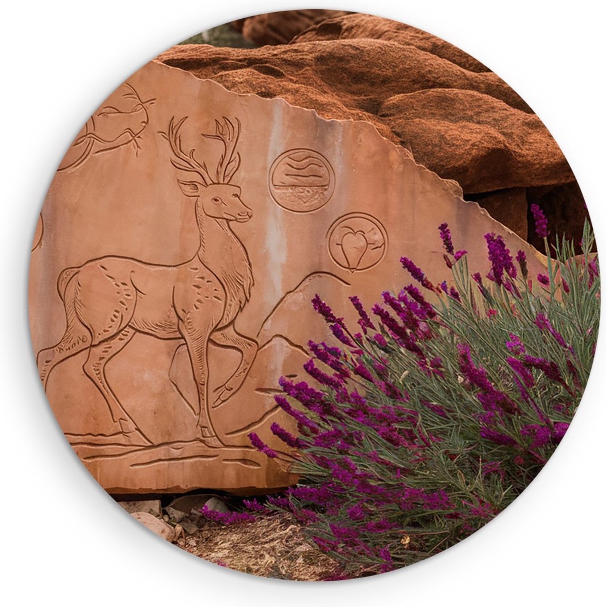 Saammp Forex Muurcirkel - Lavendel naast Paleolithische kunst - Landschap - Natuur - Ø 30 - Wandcirkel - Wanddecoratie Cirkel - Muurdecoratie Woonkamer - Slaapkamer decoratie - Rond Schilderij