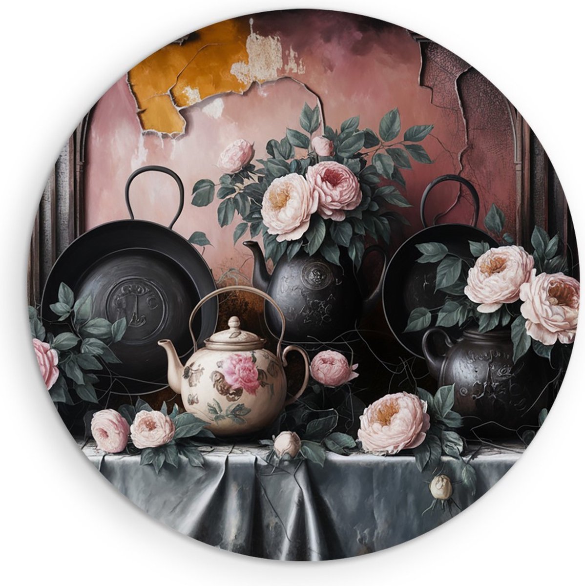 Saammp Forex Muurcirkel - Roze Bloemen - Stilleven - Abstract - Ø 50 - Wandcirkel - Wanddecoratie Cirkel - Muurdecoratie Woonkamer - Kantoor Decoratie