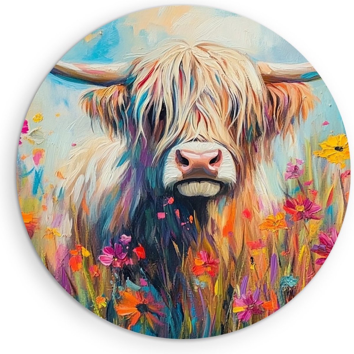 Saammp Muurcirkel Hout Schotse Hooglander Koe op een rots - Dieren - Natuur - Ø 50 - Wandcirkel - Wanddecoratie Cirkel - muurdecoratie Woonkamer - Slaapkamer decoratie - Rond Schilderij