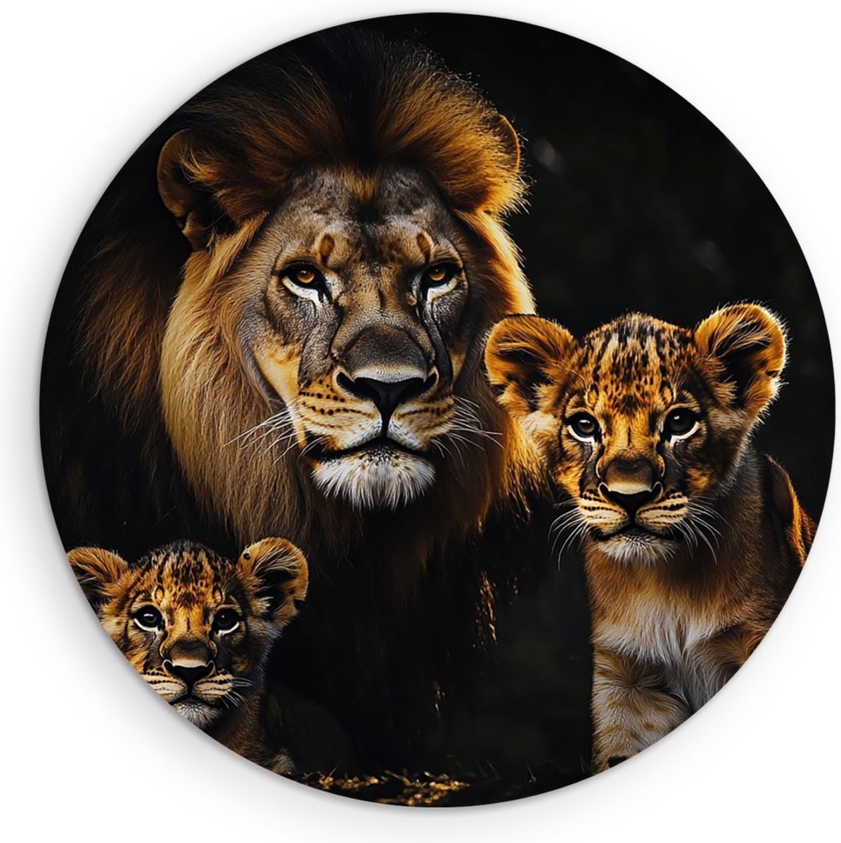 Saammp Muurcirkel Hout - Leeuwen familie in de jungle - Natuur - Dieren - Ø 30 - Wandcirkel - Wanddecoratie Cirkel - Muurdecoratie Woonkamer - Slaapkamer decoratie - Rond Schilderij