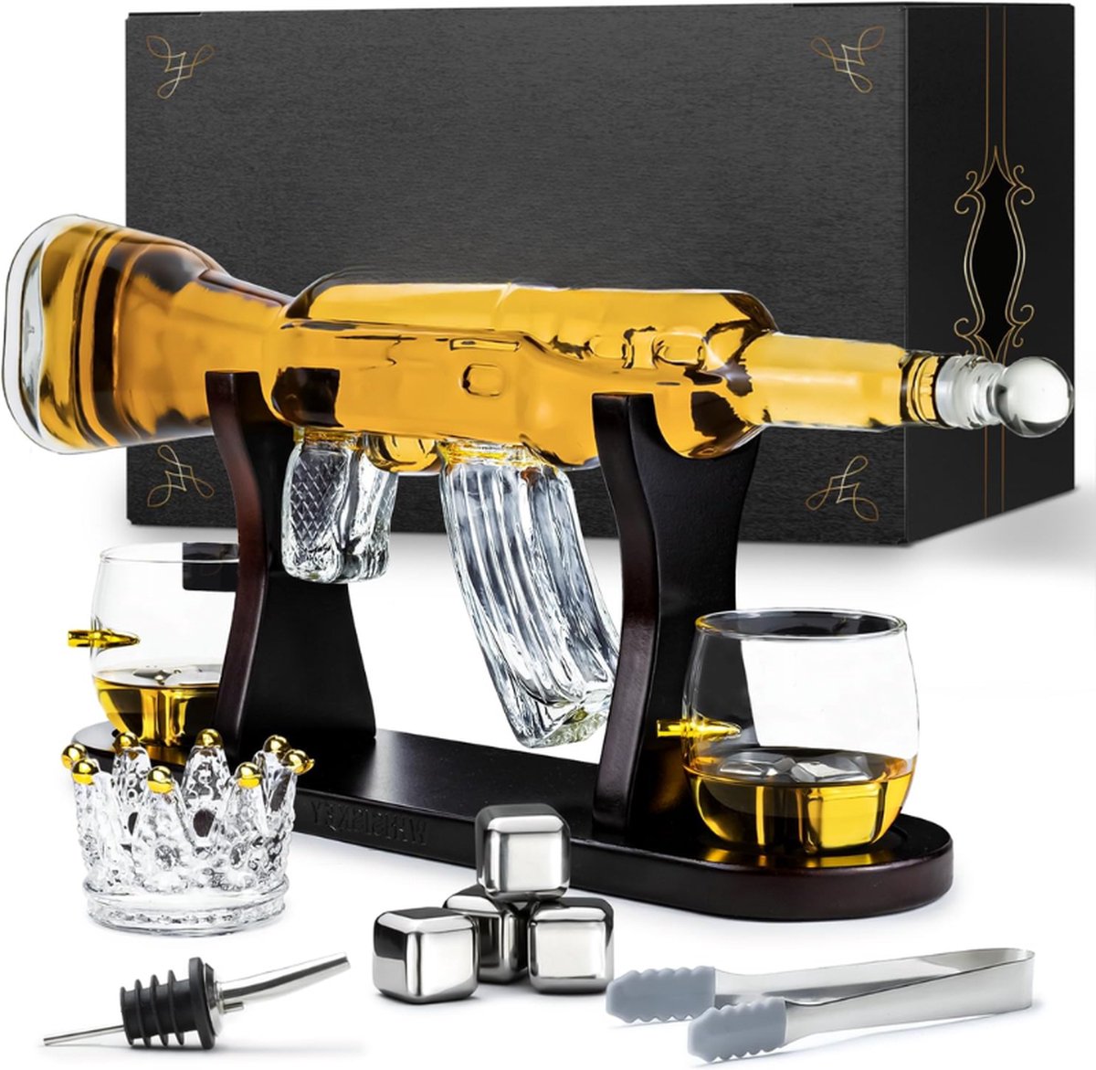 Whiskey Karaf Karaf 1000ml Luxe Whisky Karaf Set Decanteer Karaf Whiskey Set Cadeau Voor Mannen 4 Whiskey Stones 2 Whiskey Glazen x 285ML & Extra Accessoires
