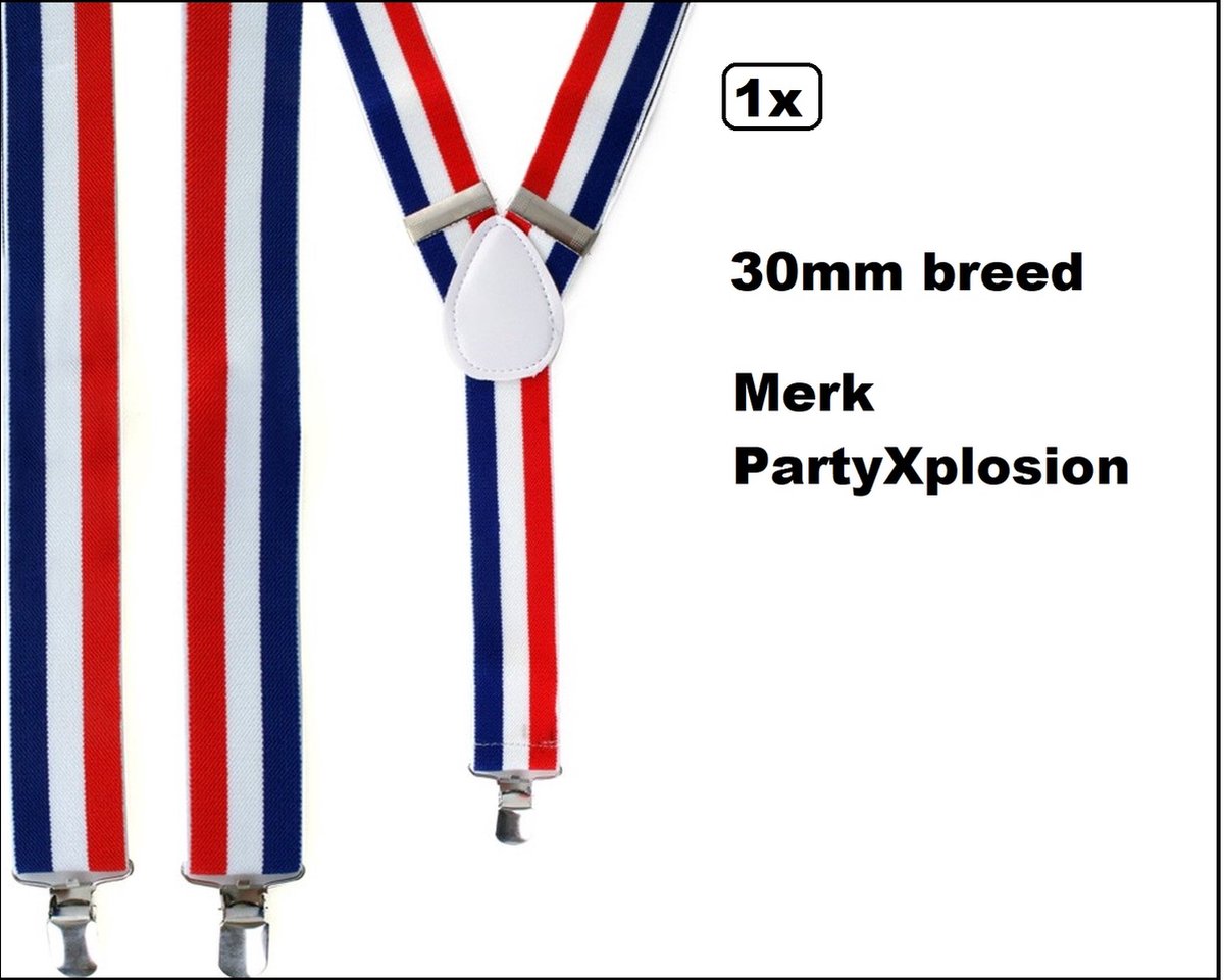 Luxe bretel rood/wit/blauw 30mm breed - Merk PartyXplosion - Carnaval Nederland thema feest festival party WK Koningsdag