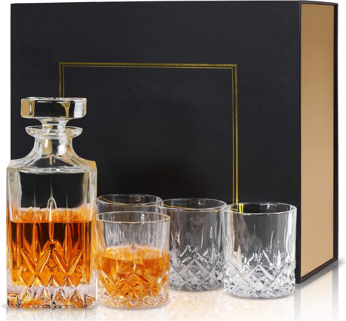 Whisky Glazen en Karaf Set Kristallen Whisky Decanter 750 ml Met 4 Whiskyglas 300 ml Voor Cognac Wodka Whisky Scotch Martini Cocktails Set Van 5 Stuks Mooie Geschenkdoos