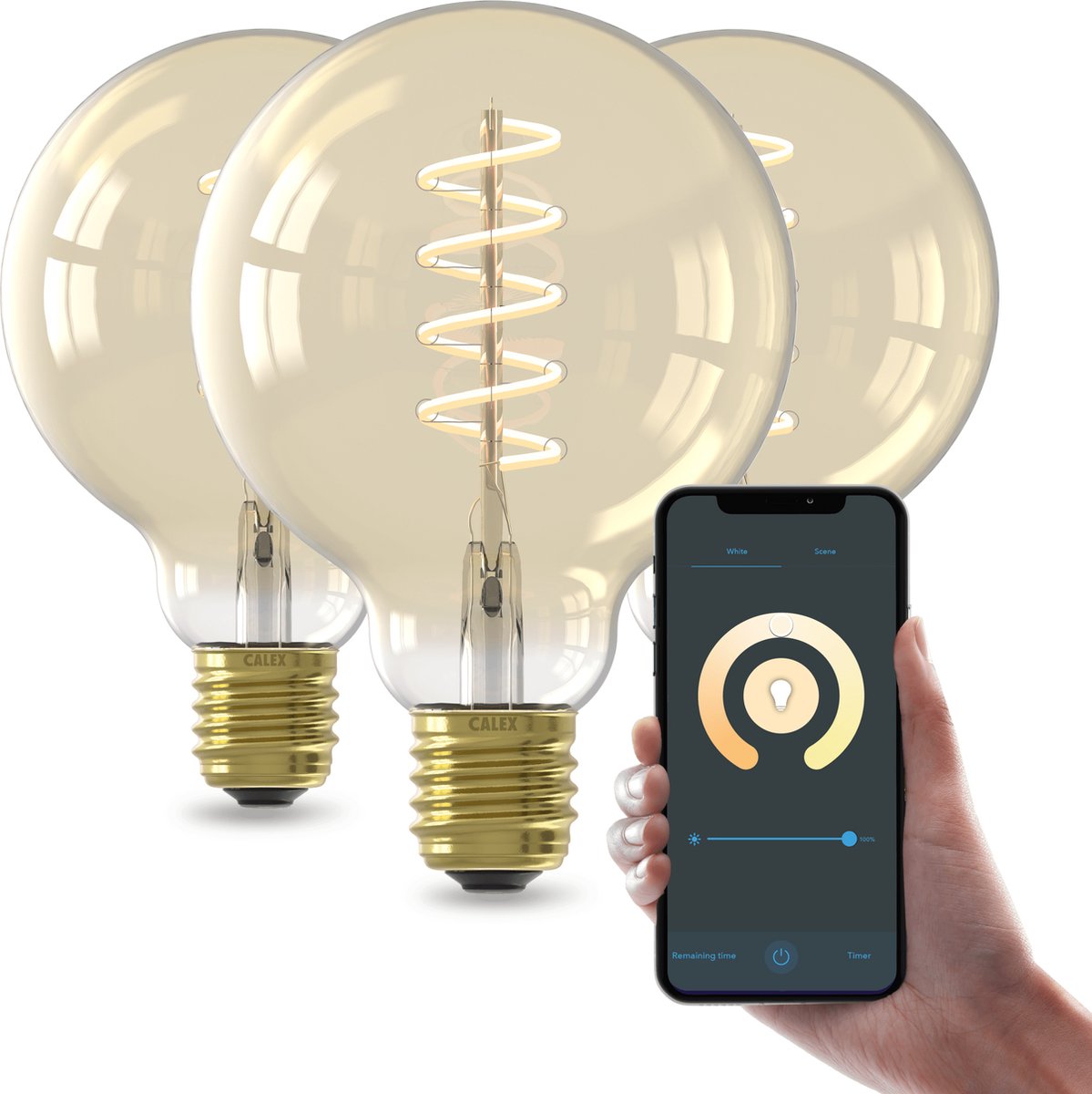 Calex Slimme LED Lamp - Set van 3 stuks - E27 - Spiraal Filament Gold G95 - Wifi Verlichting - Globe 9cm - Smart Lichtbron Goud - 7W Dimbaar Warm Wit licht