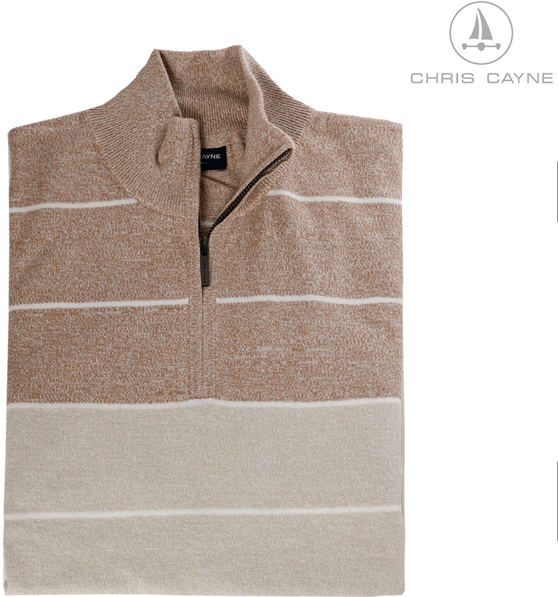 Chris Cayne trui - L/XL - beige/offwhite - gestreept patroon - lange mouw - Katoen - fijn brei - halve rits
