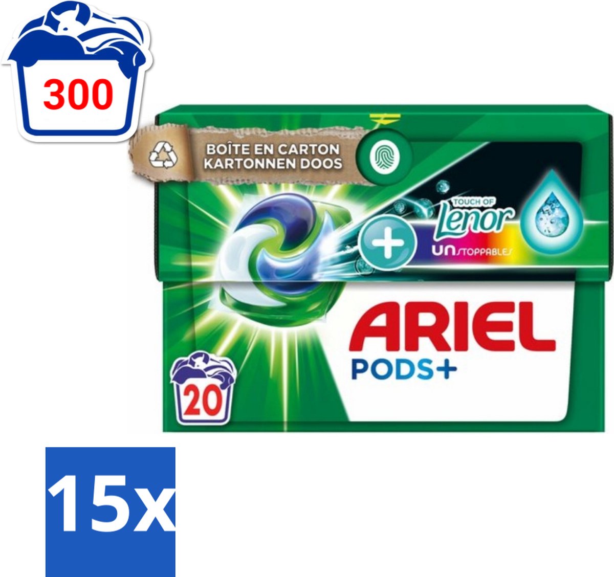 15 x Ariel Original - Touch of Lenor Unstoppables - Wasmiddelcapsules - Pods+ - Gekleurde Was - 20 Wasbeurten - Wasmiddel Capsules - Gekleurde Was - Frisse Geur - Koud Water Was - Vlekverwijdering