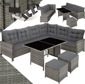 tectake® - wicker loungeset, tuinmeubelset met bank, kruk + tafel, balkonmeubel buiten, 5-delige zitgroep, inclusief zit- en rugkussens, ideaal voor tuin, terras, balkon - grijs/beige - poly-rattan