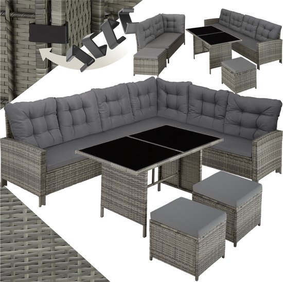tectake® - wicker loungeset, tuinmeubelset met bank, kruk + tafel, balkonmeubel buiten, 5-delige zitgroep, inclusief zit- en rugkussens, ideaal voor tuin, terras, balkon - grijs/beige - poly-rattan