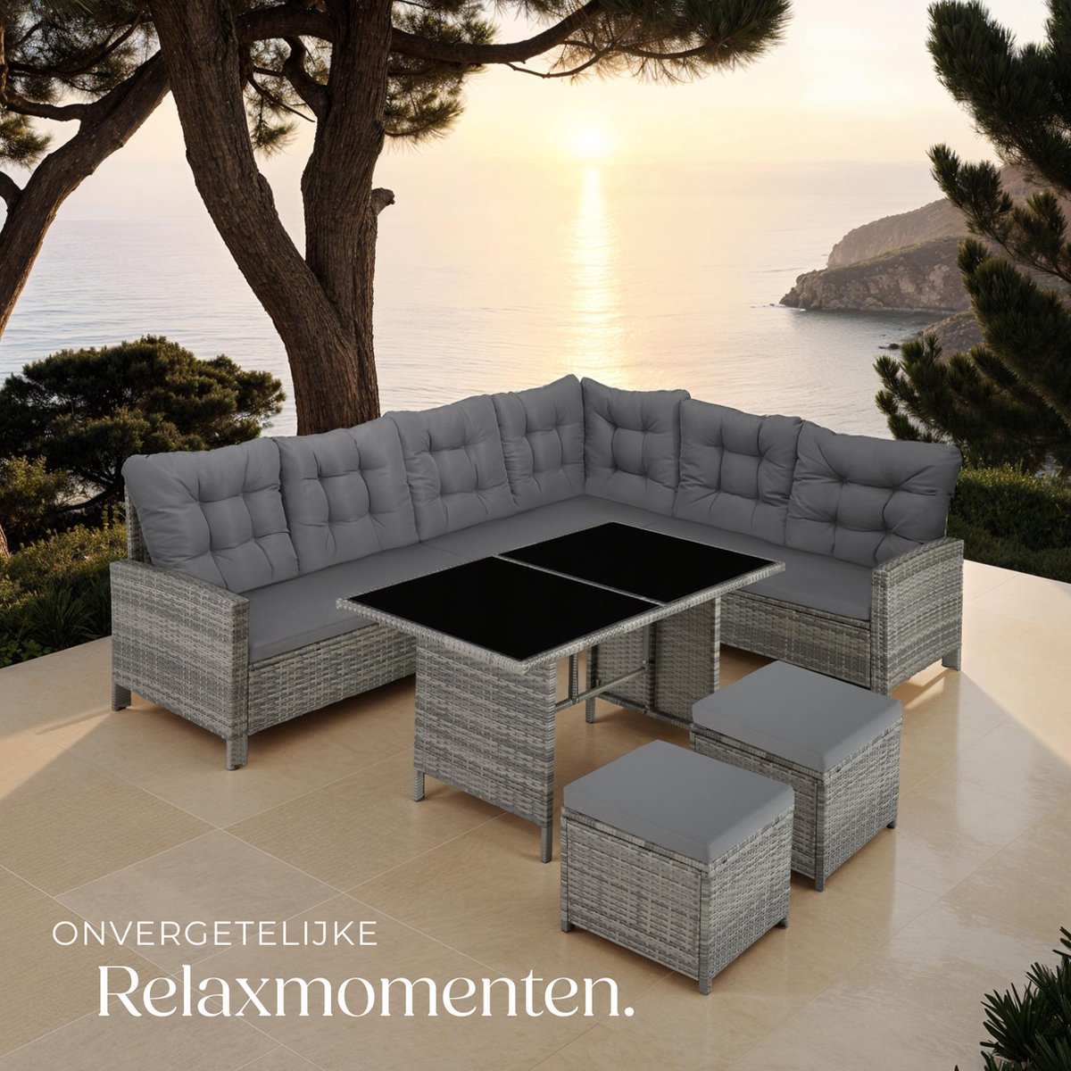 tectake® Loungeset Barletta - 6 tot 8 Personen - Modulaire Tuinset met Loungebank, Kruk en Tuintafel - Tuinmeubels - Balkonmeubel - 5-delige Zitgroep - Inclusief Kussens - Ideaal voor Tuin, Terras en Balkon - Beige met Grijze Kussens thumbnail 2