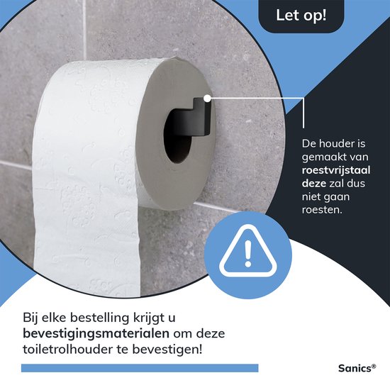 Sanics Seal Porte-rouleau de papier toilette Zwart avec kit de montage - Porte-rouleau de papier toilette en acier inoxydable - Porte- Papier toilette - Porte-rouleau de papier toilette