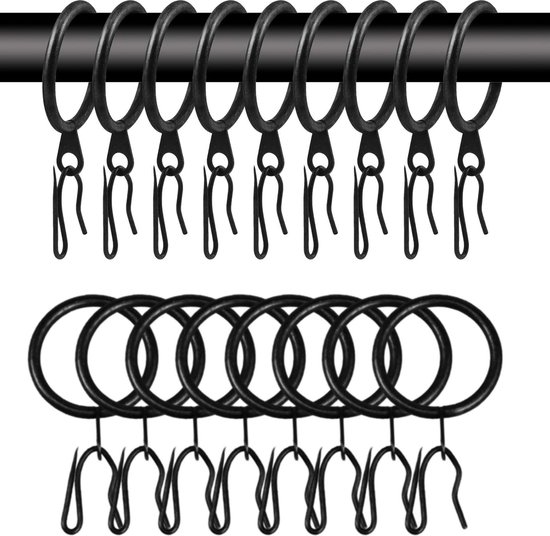 Anneaux de Rideaux avec Crochet YONO - 40 Pièces - Métal - 30mm - Crochets de Rideaux pour Tringle à Rideaux - Zwart