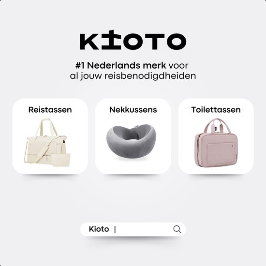 Crèmekleurige weekendtas, grijze nekkussen en roze toilettas.